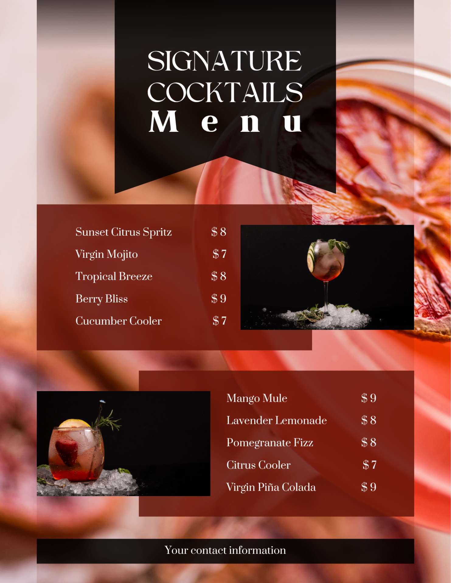 Printed cocktail menu styled with bar tools